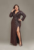 Curveins Plus Size V-Neck Long Sleeve Sequin Maxi Dress with Side Slit