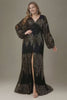 Curveins Chic Plus Size V-Neck Split Hem Sequin Lantern Sleeve Dress