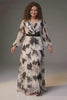 Curveins Plus Size V Neck Maple Leaf Print Long Sleeve Belted Maxi Dress