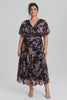 Curveins Plus Size V Neck Puff Sleeve Waist Defining Floral Print Elegant Maxi Dress