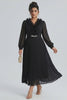 Curveins Plus Size Elegant Black V-Neck Pleated Maxi Dress with Crystal Belt