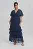 Curveins Plus Size V-Neck Batwing Sleeve Printed Maxi Dress with Ruched Detail