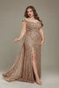 Curveins Plus Size V Neck Side Slit Spaghetti Strap Sequin Fitted Maxi Dress