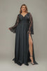 Curveins Plus Size Romantic Lace V Neck Flared Sleeve Slim Waist Split Hem Maxi Dress