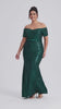 Curveins Plus Size Off Shoulder Striped Sequin Cinched Waist Evening Maxi Dress