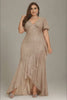 Curveins Plus Size V-Neck Short Sleeve Sequin Ruffle Slit Evening Gown