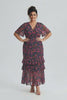 Curveins Plus Size V-Neck Batwing Sleeve Printed Maxi Dress with Ruched Detail