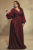 Curveins Plus Size Sequin V Neck Lantern Sleeve Maxi Dress