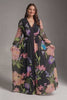 Curveins Plus Size V Neck Floral Long Sleeve Waist Tie Elegant Maxi Dress