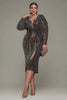 Curveins Plus Size V-Neck Long Sleeve Sequin Spider Stripe Waist Midi Dress