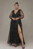 Curveins Plus Size V-Neck Lantern Sleeve Split Waist Sequin Maxi Dress