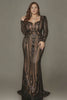 Curveins Elegant Plus Size V-Neck Floral Long Sleeve Sequin Bodycon Dress