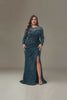 Curveins Plus Size Crew Neck Long Sleeve Floral Sequin Bodycon Slit Maxi Dress