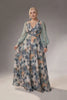 Curveins Plus Size Floral V Neck Long Sleeve Waist Ruched Flowing Maxi Dress