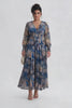 Curveins Plus Size V Neck Long Sleeve Floral Waist Maxi Dress