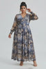 Curveins Plus Size V Neck Long Sleeve Floral Waist Maxi Dress