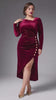 Curveins Plus Size Velvet Asymmetric One Shoulder Long Sleeve Ruched Slit Elegant Midi Dress