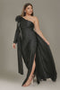 Curveins Plus Size Elegant One Shoulder 3D Floral Sash Detail High Slit Bodycon Maxi Dress