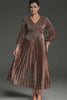 Curveins Plus Size V-Neck Long Sleeve Waist Tie Pleated Maxi Dress
