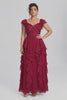 Curveins Plus Size V Neck Short Sleeve Pleated Waist Flowy Tiered Maxi Dress