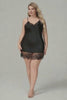 Curveins Plus Size Satin Chiffon Lace V Neck Spaghetti Strap Sexy Sleep Dress Nightgown