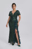 Curveins Plus Size V Neck Short Sleeve Sequin High Slit 3D Flower Bodycon Maxi Dress