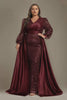 Curveins Plus Size Luxury Satin-Cape V-Neck Sequin Panel Long Sleeve Maxi Dress
