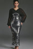 Curveins Plus Size V-Neck Puff Sleeve Patchwork Sequin Bodycon Maxi Dress