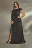 Curveins Plus Size Asymmetric Sleeve Sequin Evening Dress with High Side Slit