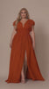 Curveins Plus Size V-Neck Ruffle Sleeve Split A-Line Maxi Dress