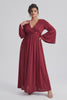 Curveins Plus Size Solid Color Long Sleeve V Neck Ruched Waist Elegant Maxi Dress