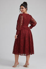 Curveins Plus Size Round Neck Lace Detail Puff Sleeve A-Line Midi Dress