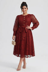 Curveins Plus Size Round Neck Lace Detail Puff Sleeve A-Line Midi Dress