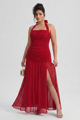 Curveins Plus Size Sleeveless Tie Detail High Slit Solid Color Rhinestone Maxi Dress