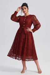 Curveins Plus Size Round Neck Lace Detail Puff Sleeve A-Line Midi Dress