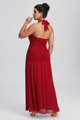 Curveins Plus Size Sleeveless Tie Detail High Slit Solid Color Rhinestone Maxi Dress