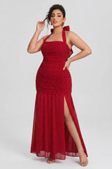 Curveins Plus Size Sleeveless Tie Detail High Slit Solid Color Rhinestone Maxi Dress