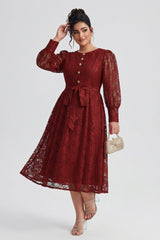 Curveins Plus Size Round Neck Lace Detail Puff Sleeve A-Line Midi Dress