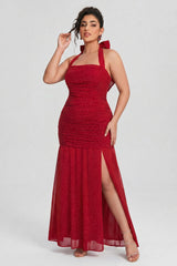 Curveins Plus Size Sleeveless Tie Detail High Slit Solid Color Rhinestone Maxi Dress