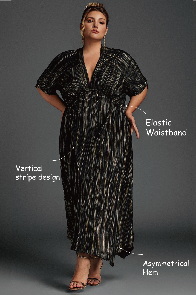 Curveins Plus Size V-Neck Striped Asymmetric Hem Dress