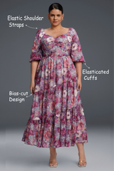 Curveins Plus Size V-Neck Flower Print Pleated Maxi Dress