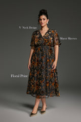 Curveins Plus Size V-Neck Sheer Batwing Sleeve Floral Velvet Midi Dress