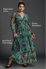 Curveins Plus Size V-Neck Floral Mesh Maxi Dress