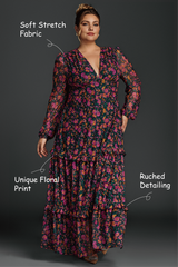 Curveins Plus Size Floral Print Lantern Sleeve Tiered Maxi Dress