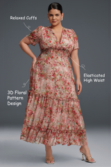 Curveins Plus Size V-Neck Floral Ruffle Sleeve Maxi Dress