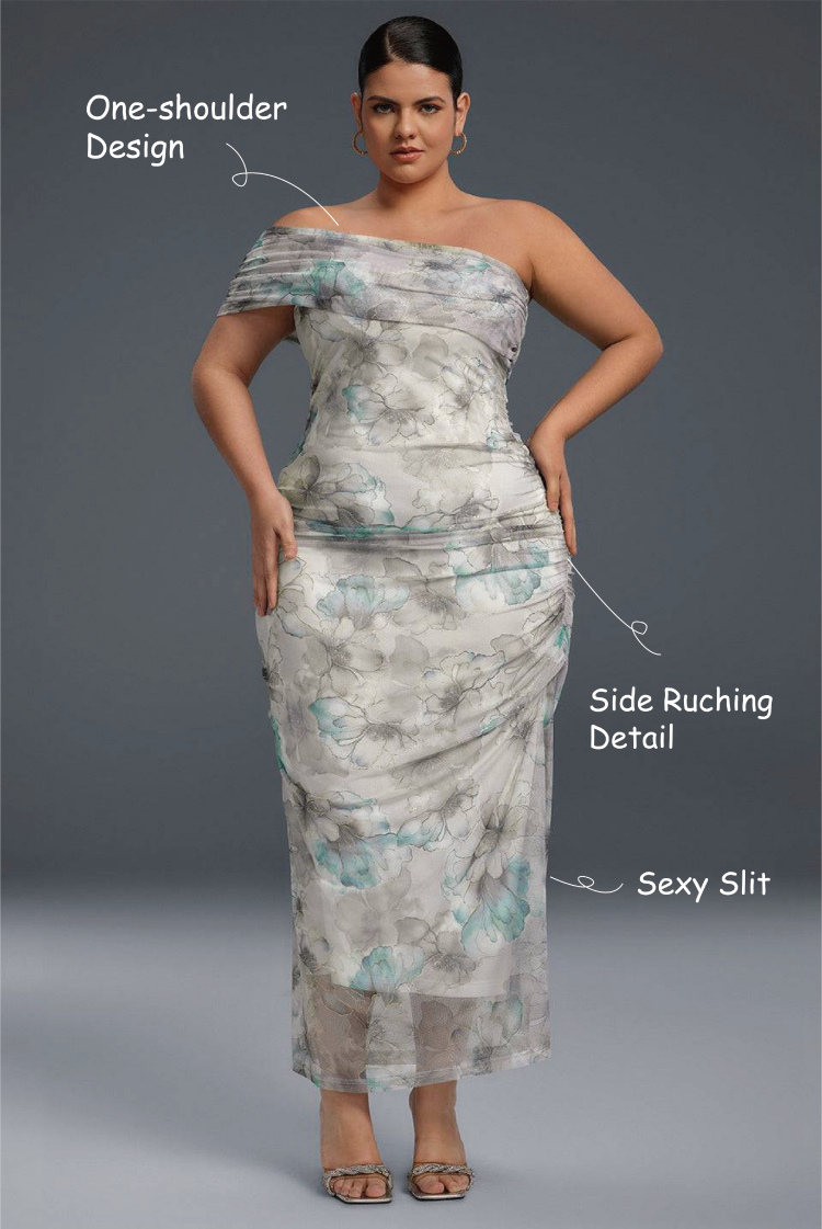 Curveins Plus Size One-Shoulder Floral Mesh Split Hem Maxi Dress