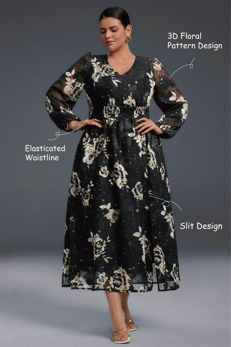 Curveins Plus Size V-Neck Long Sleeve Floral Slit Hem Maxi Dress
