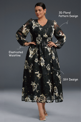 Curveins Plus Size V-Neck Long Sleeve Floral Slit Hem Maxi Dress